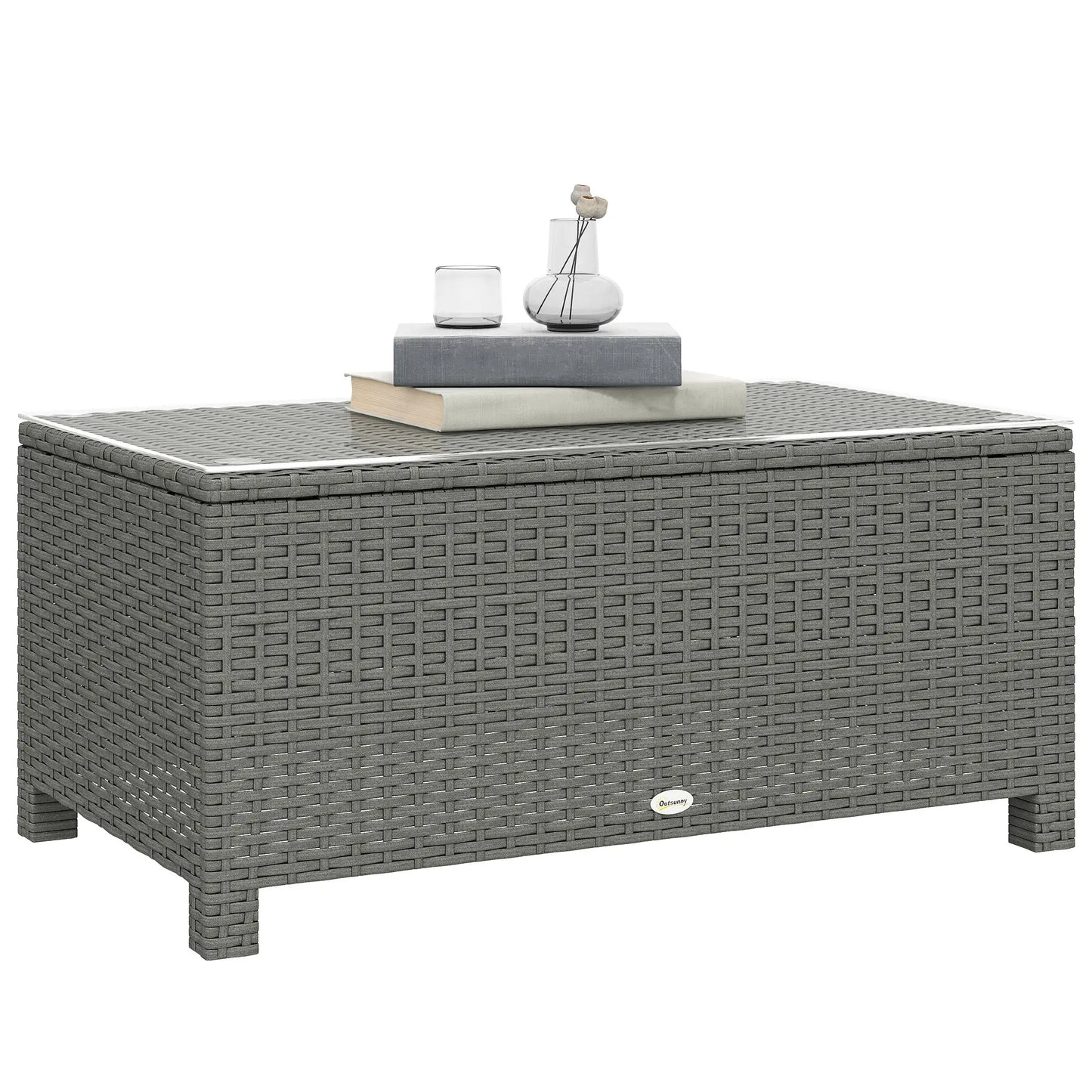 Outsunny Light Grey Rattan Garden Coffee Table with Tempered Glass Top