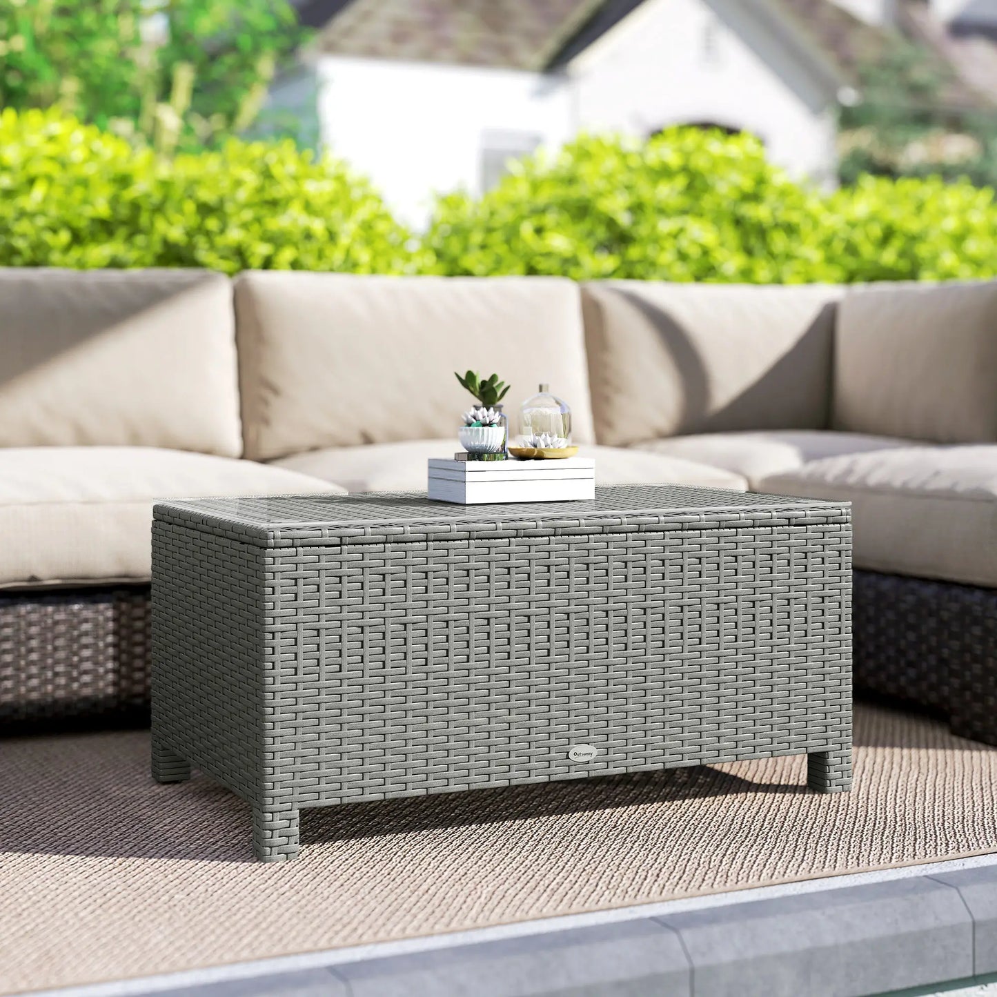 Outsunny Light Grey Rattan Garden Coffee Table with Tempered Glass Top