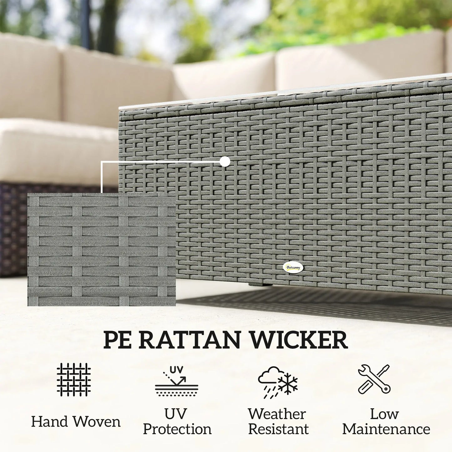 Outsunny Light Grey Rattan Garden Coffee Table with Tempered Glass Top