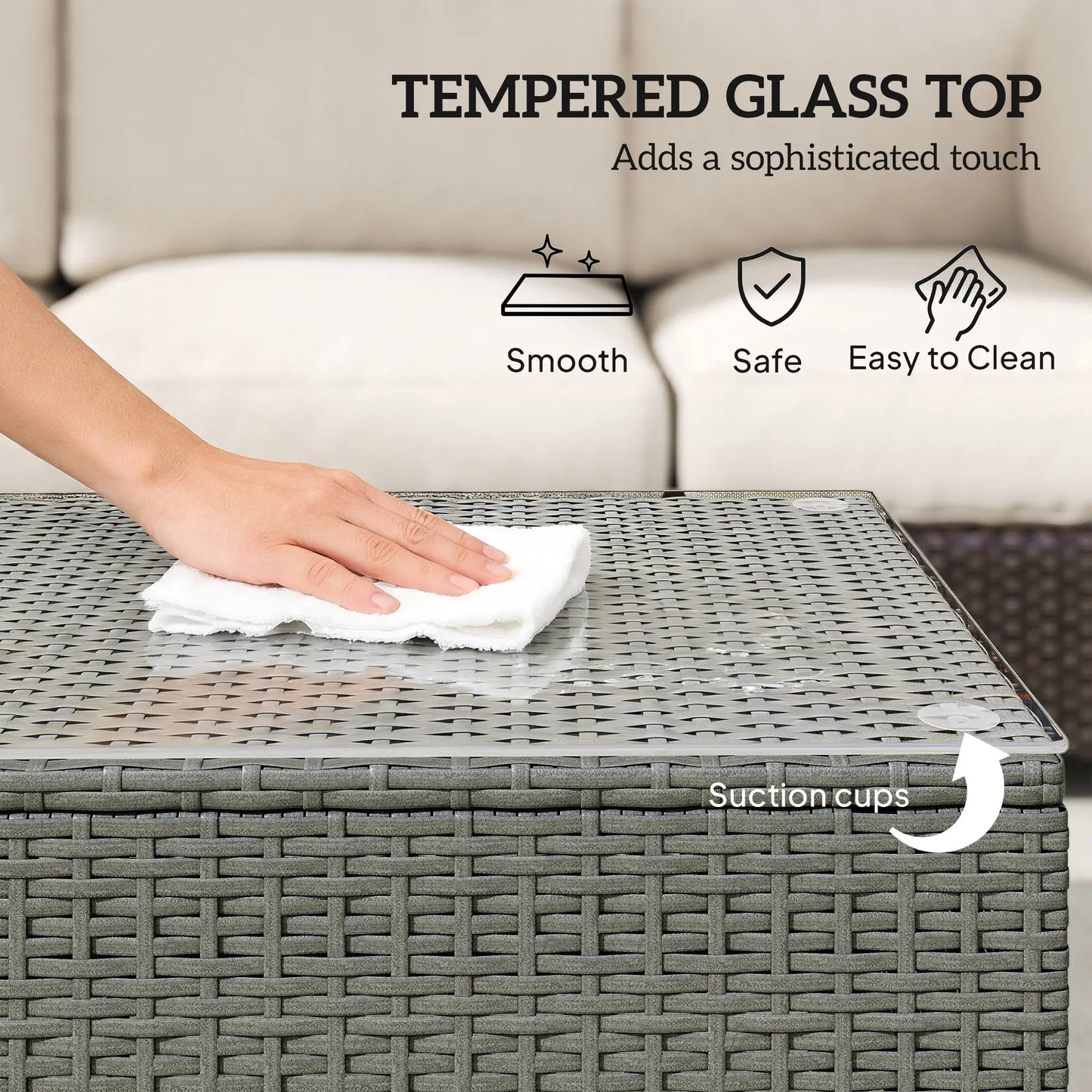 Outsunny Light Grey Rattan Garden Coffee Table with Tempered Glass Top