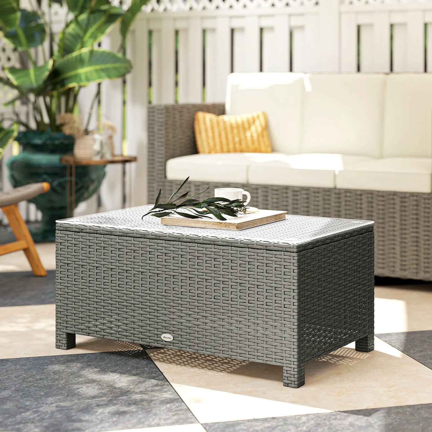 Outsunny Light Grey Rattan Garden Coffee Table with Tempered Glass Top