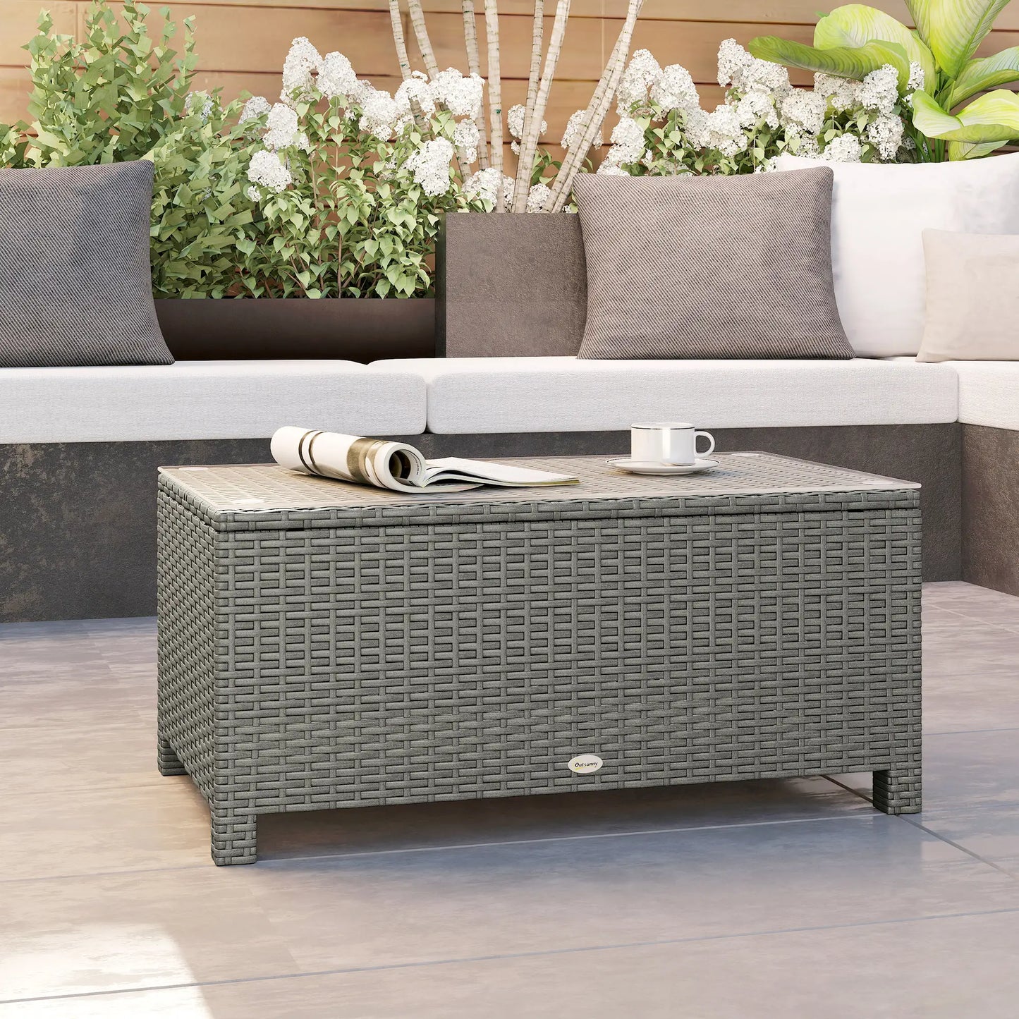 Outsunny Light Grey Rattan Garden Coffee Table with Tempered Glass Top