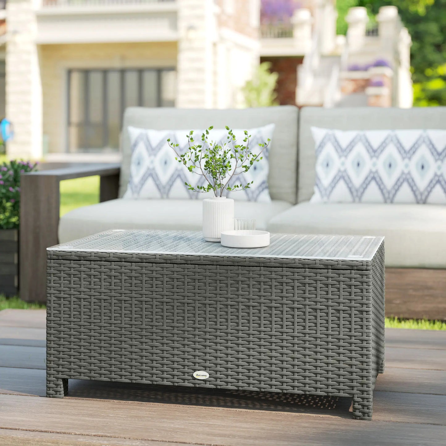 Outsunny Light Grey Rattan Garden Coffee Table with Tempered Glass Top