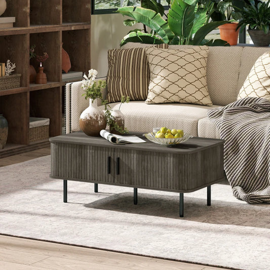 HOMCOM Coffee Table with Storage, Slatted Tambour Sliding Doors