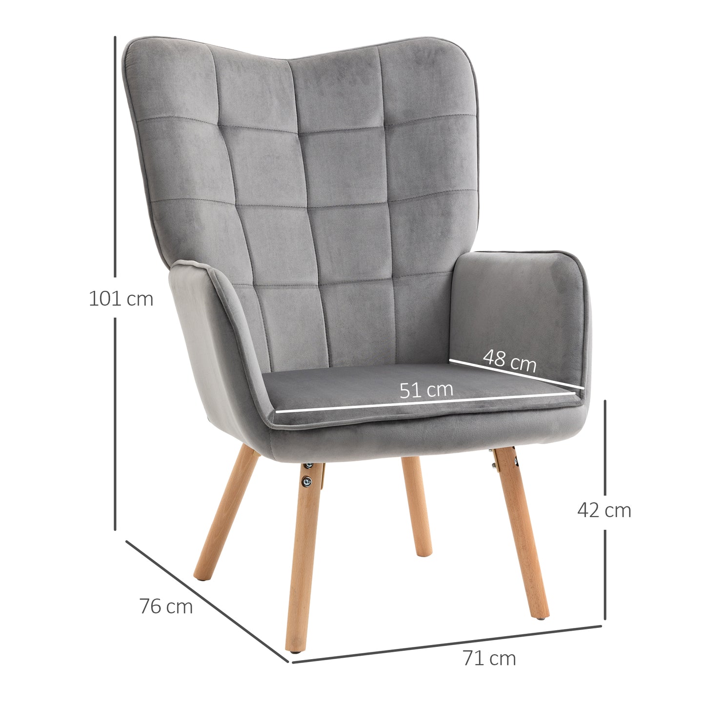 Accent Modern Armchair (HOMCOM) Cushioned Upholstered Velvet Tufted Wingback Leisure Armchair in Grey