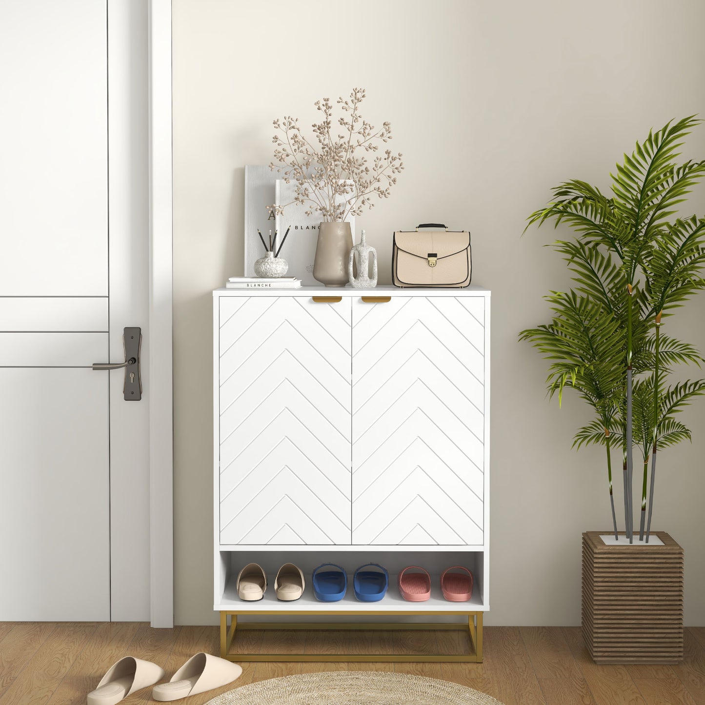 Modern Shoe Storage Cabinet -Cupboard with Open Shelf and Adjustable Shelf