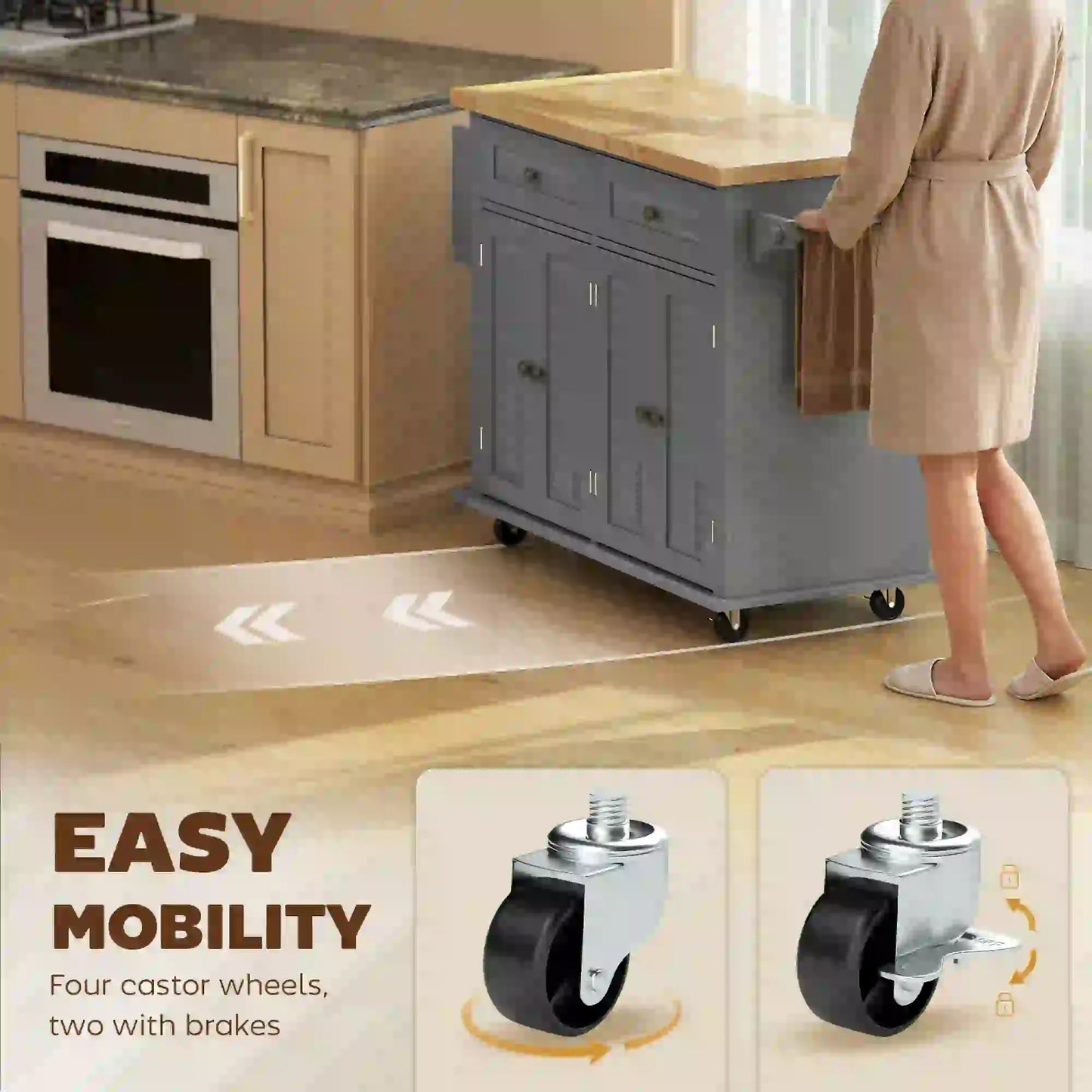 Kitchen Island Storage Rolling Trolley with Rubber Wood Top - Grey