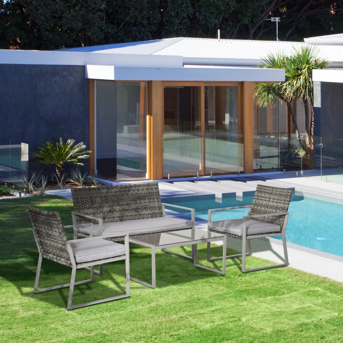 4PC Rattan Garden Furniture Set with 2 Single Sofa Arm Chairs and 1 Bench with Cushions