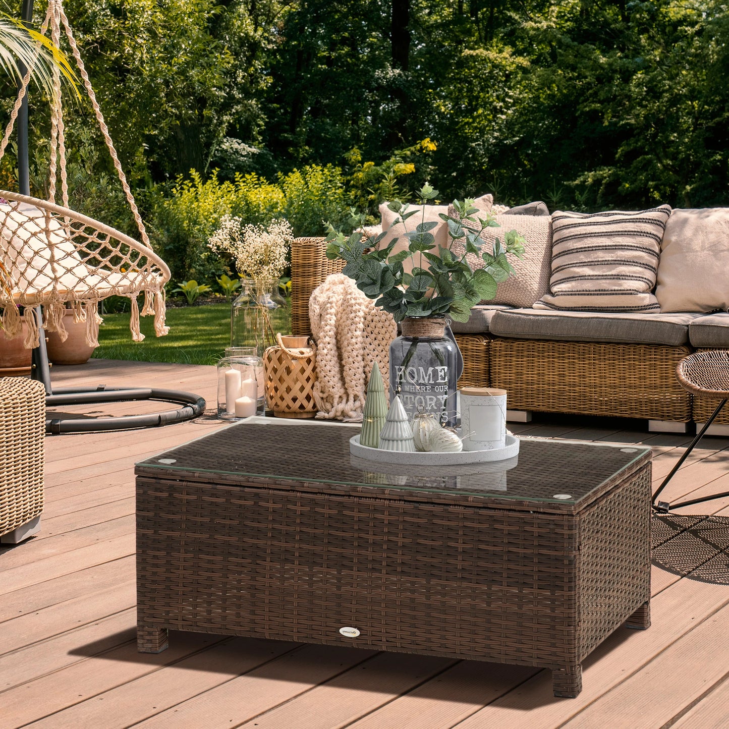 Outsunny Brown PE Rattan Garden Coffee Table with Glass Top