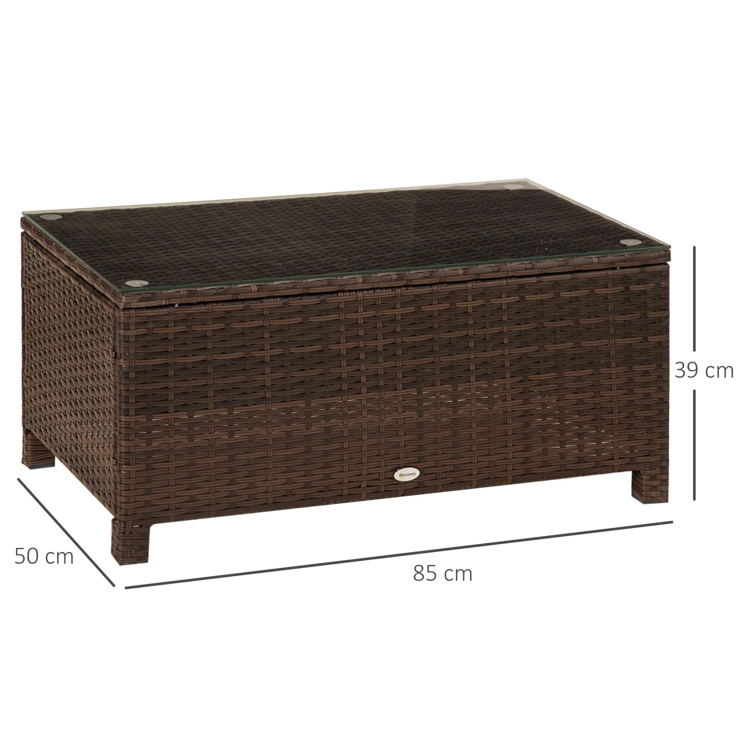 Outsunny Brown PE Rattan Garden Coffee Table with Glass Top