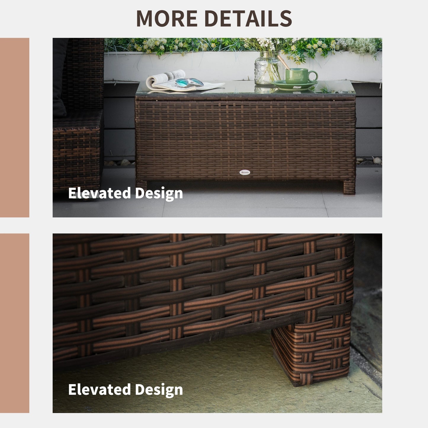 Outsunny Brown PE Rattan Garden Coffee Table with Glass Top