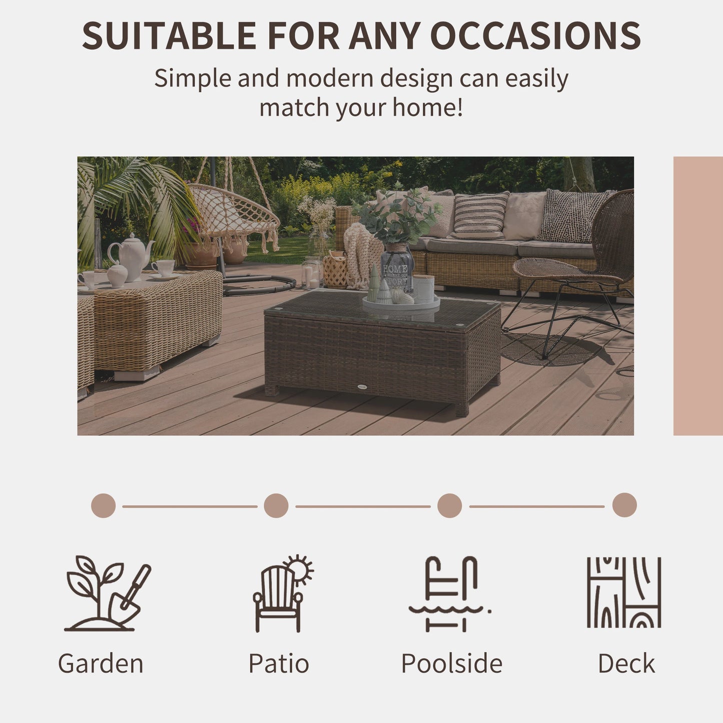 Outsunny Brown PE Rattan Garden Coffee Table with Glass Top