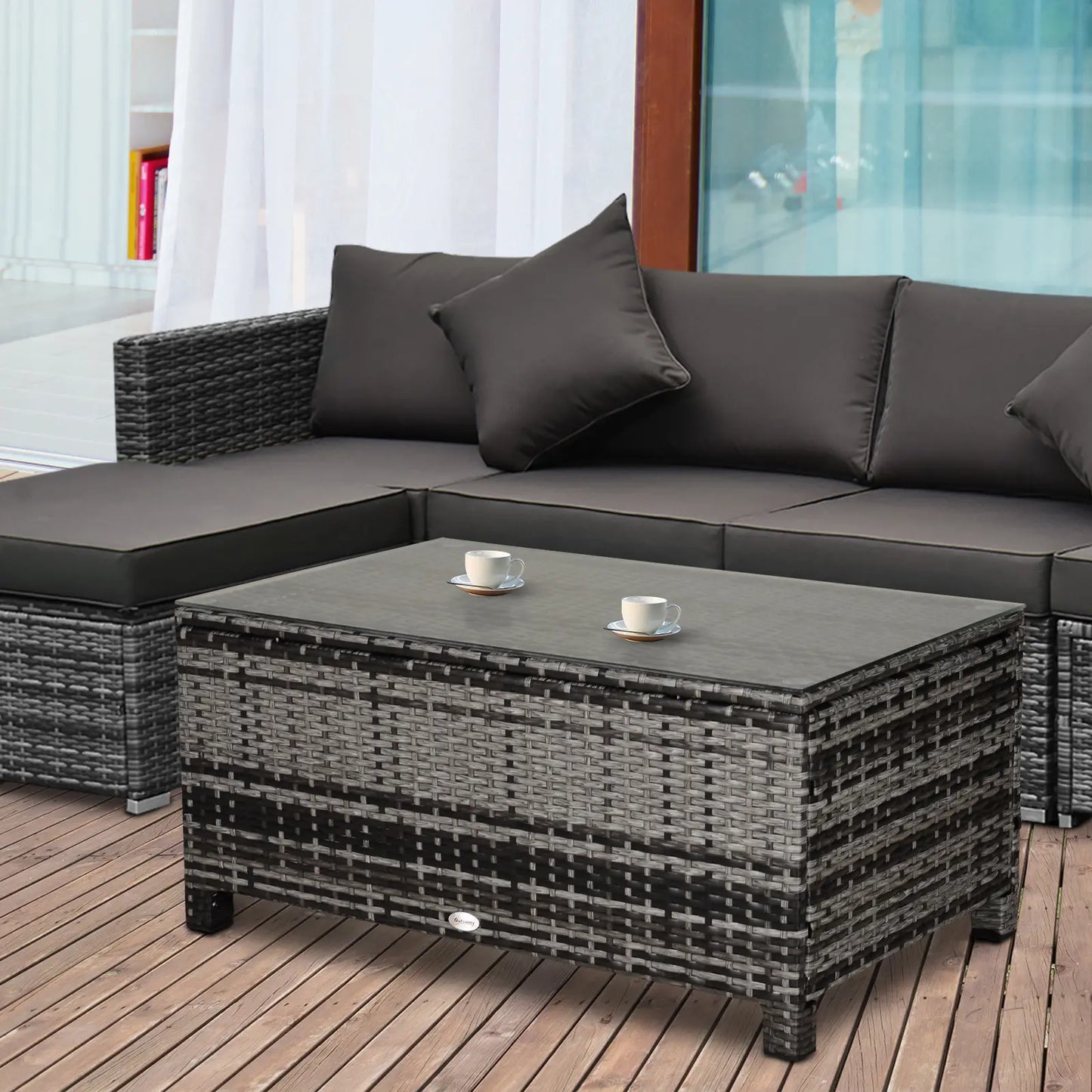 Outsunny Mixed Grey PE Rattan Garden Coffee Table with Glass Top