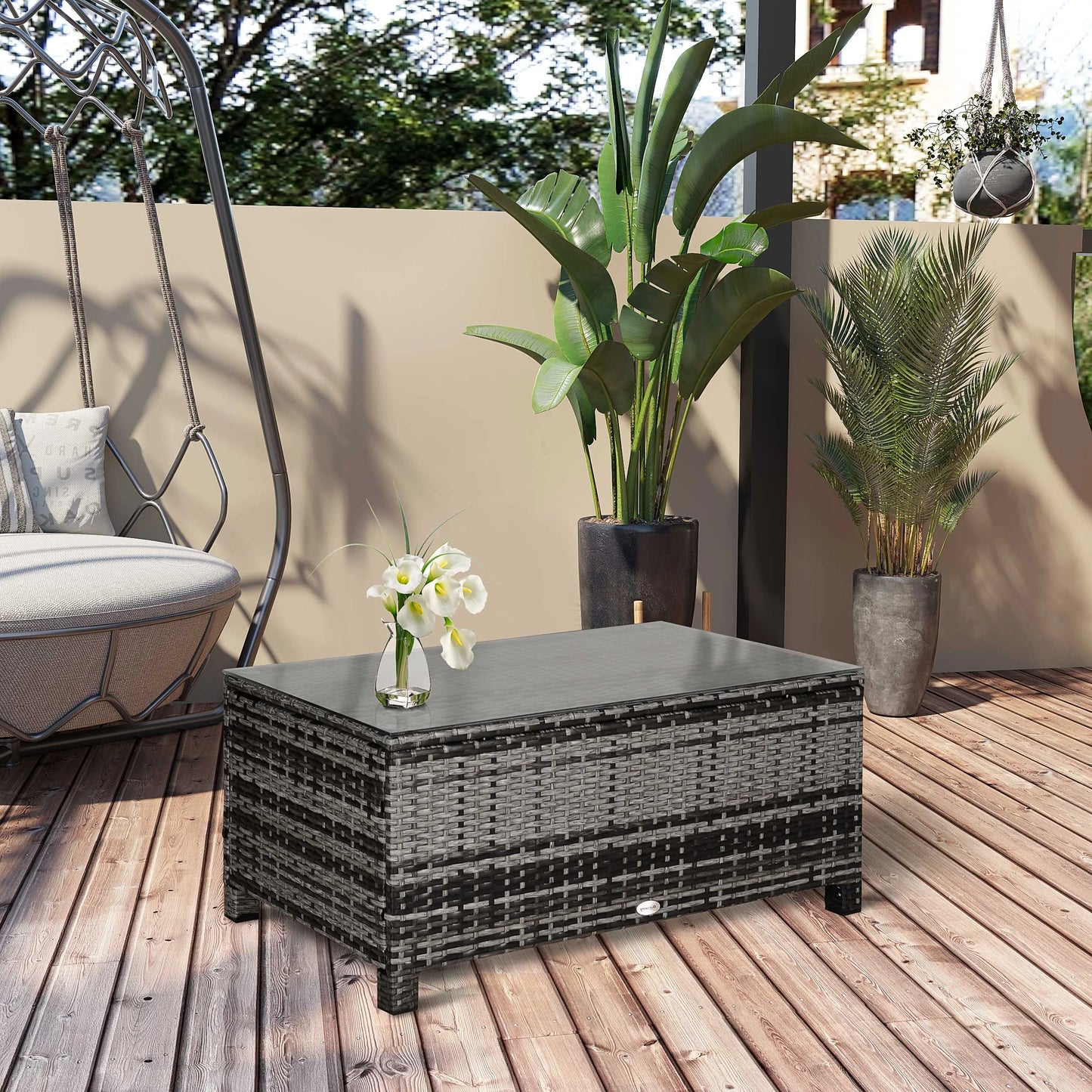 Outsunny Mixed Grey PE Rattan Garden Coffee Table with Glass Top