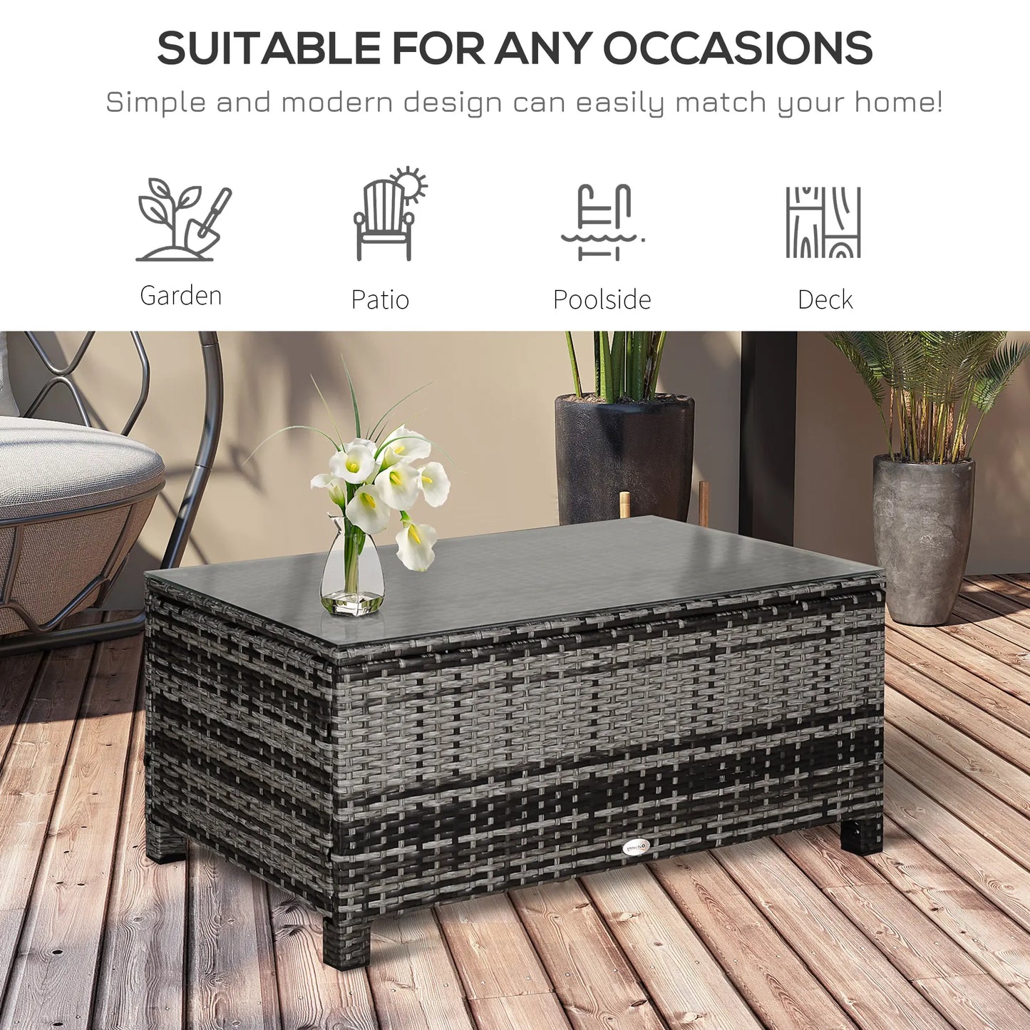 Outsunny Mixed Grey PE Rattan Garden Coffee Table with Glass Top