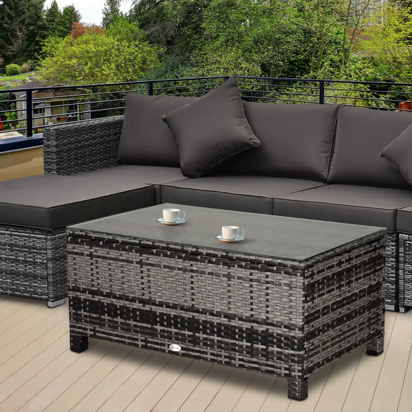 Outsunny Mixed Grey PE Rattan Garden Coffee Table with Glass Top