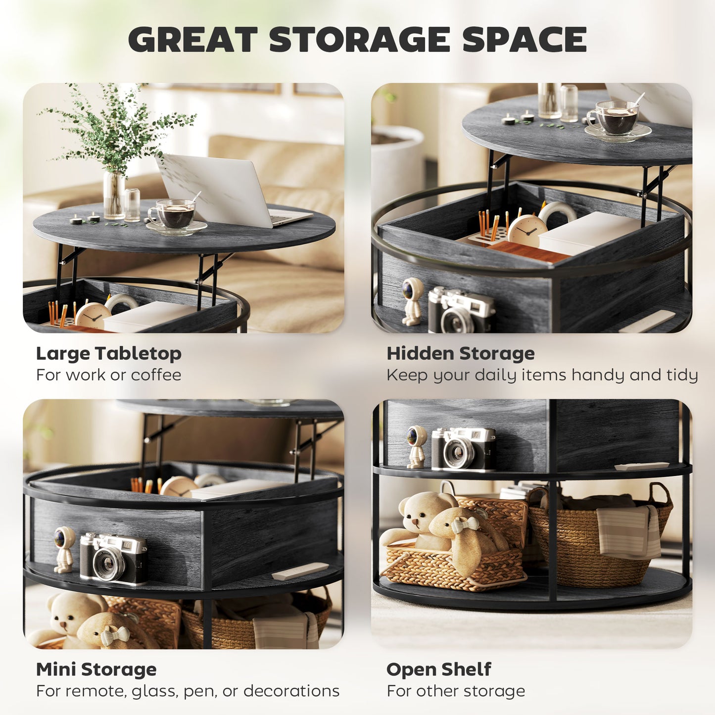 Round Coffee Table with Lift Top and Storage Shelf and Hidden Compartment