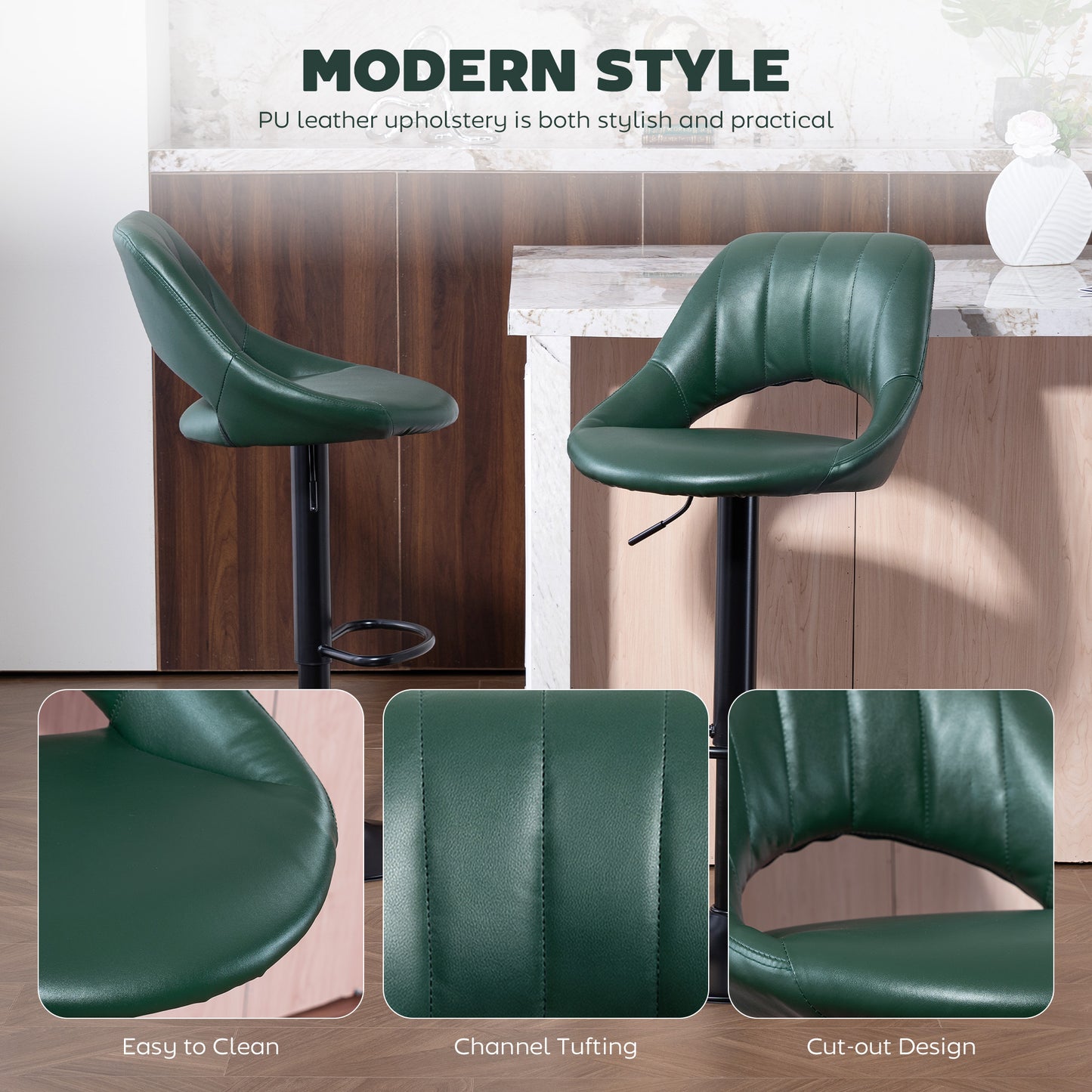 Faux Leather Bar Stools - Set of Two (x2) in Green