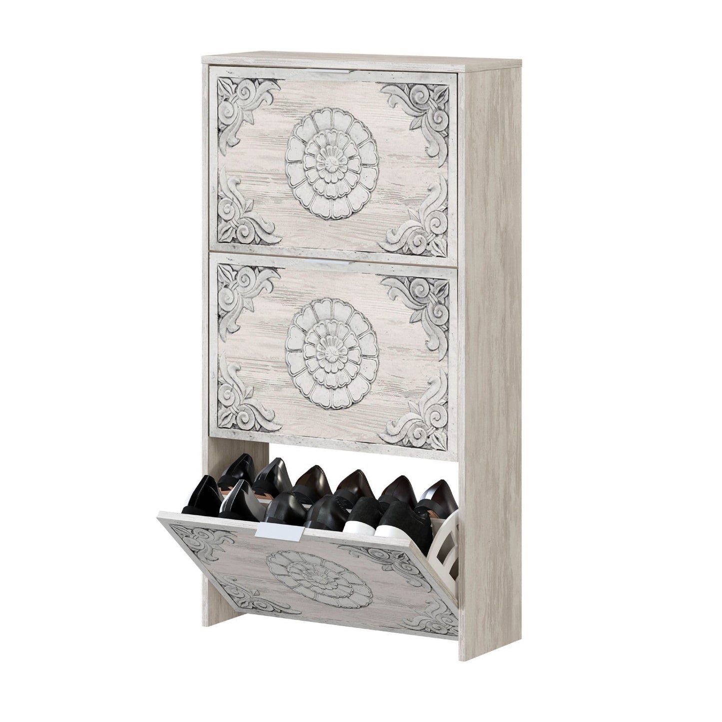 Neymar 18 Pair Modern Grey and White Oak Shoe Cabinet