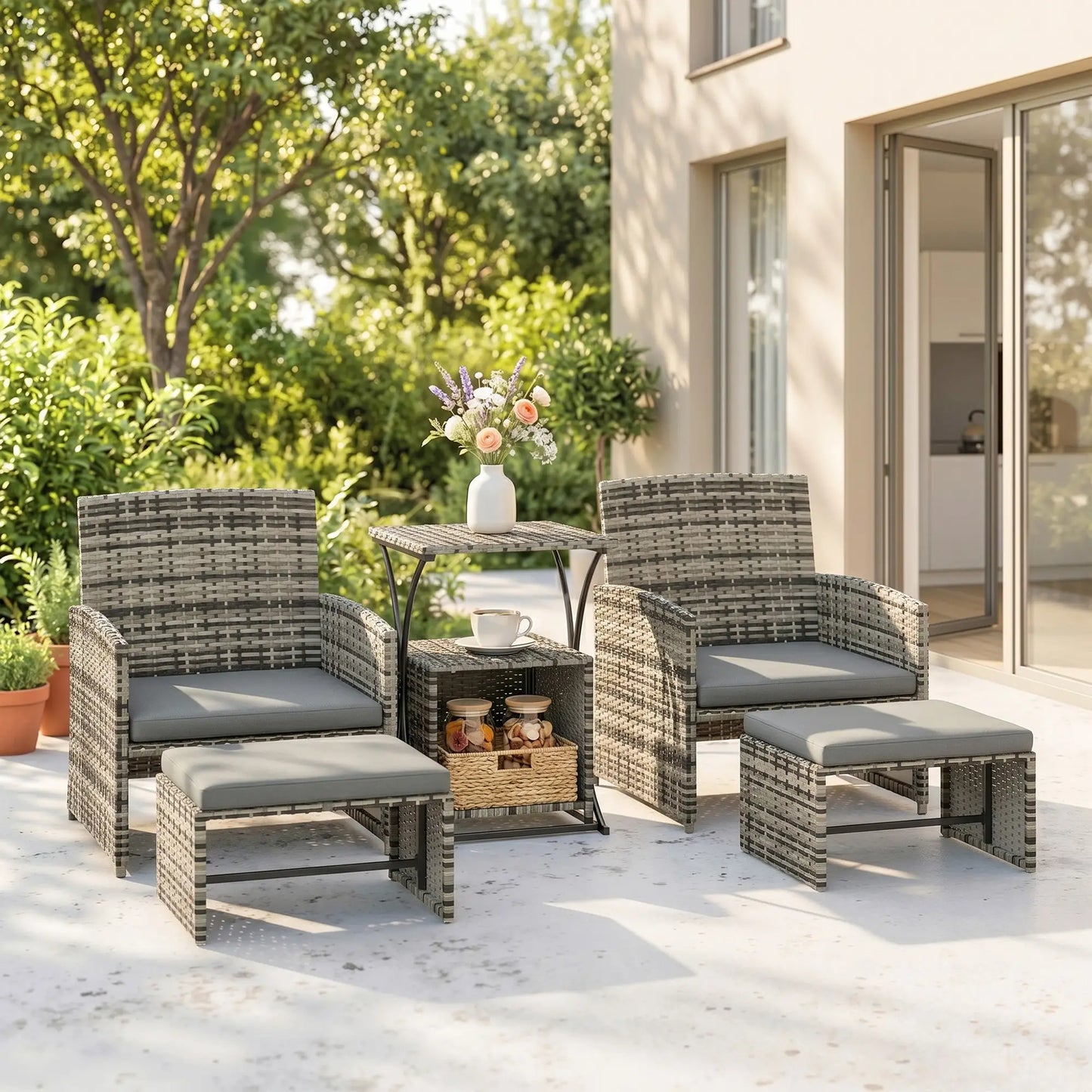 6 Piece Rattan Garden Furniture - Space-Saving Patio Furniture Set with Nesting Tables