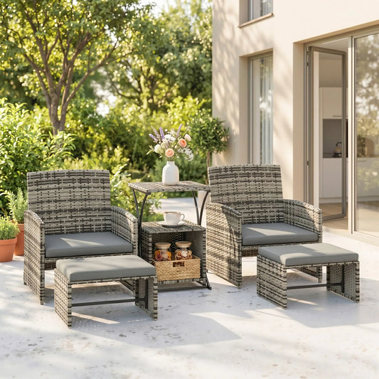 6 Piece Rattan Garden Furniture - Space-Saving Patio Furniture Set with Nesting Tables