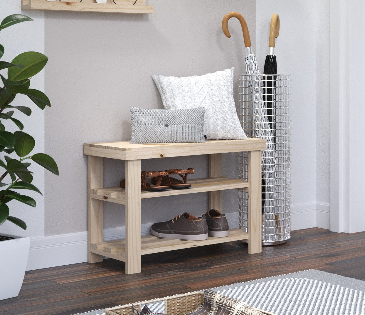 Solid Pine Shoe Bench Storage Seat Natural Wood Hallway Unfinished