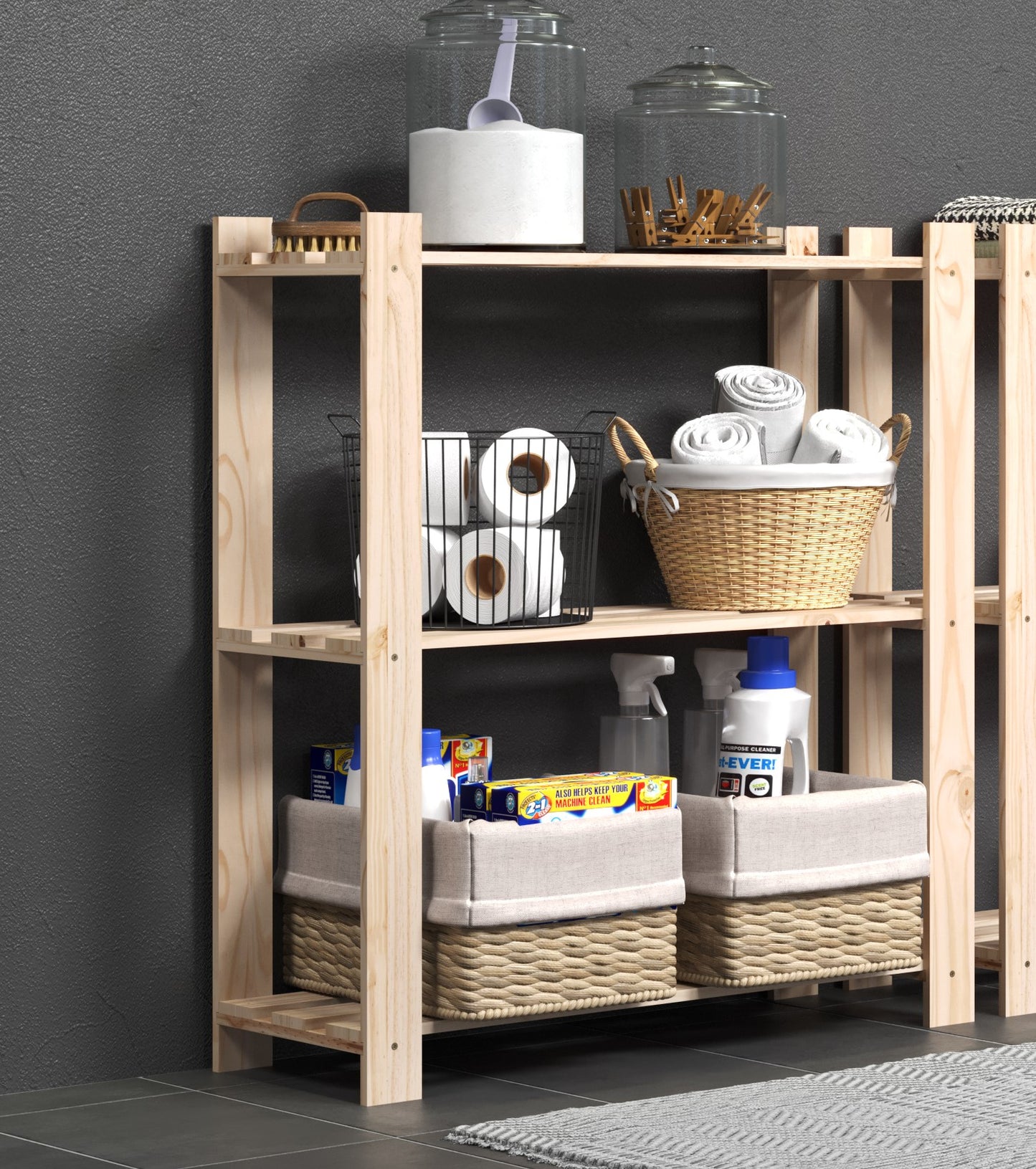 Solid Pine Narrow Storage Unit 3 Tier Slatted Shelving Natural Wood