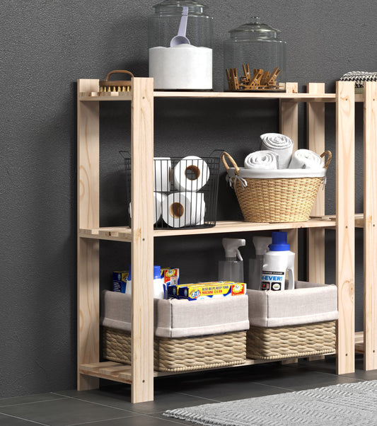 Solid Pine Narrow Storage Unit 3 Tier Slatted Shelving Natural Wood