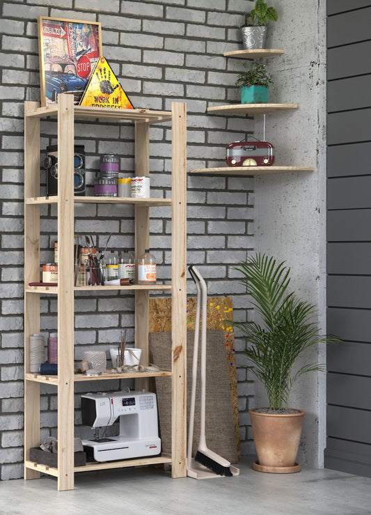 Solid Pine Narrow Storage Unit 5 Tier Slatted Shelving Natural Wood