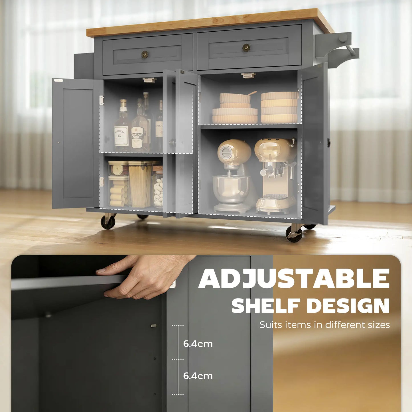 Kitchen Island Storage Rolling Trolley with Rubber Wood Top - Grey