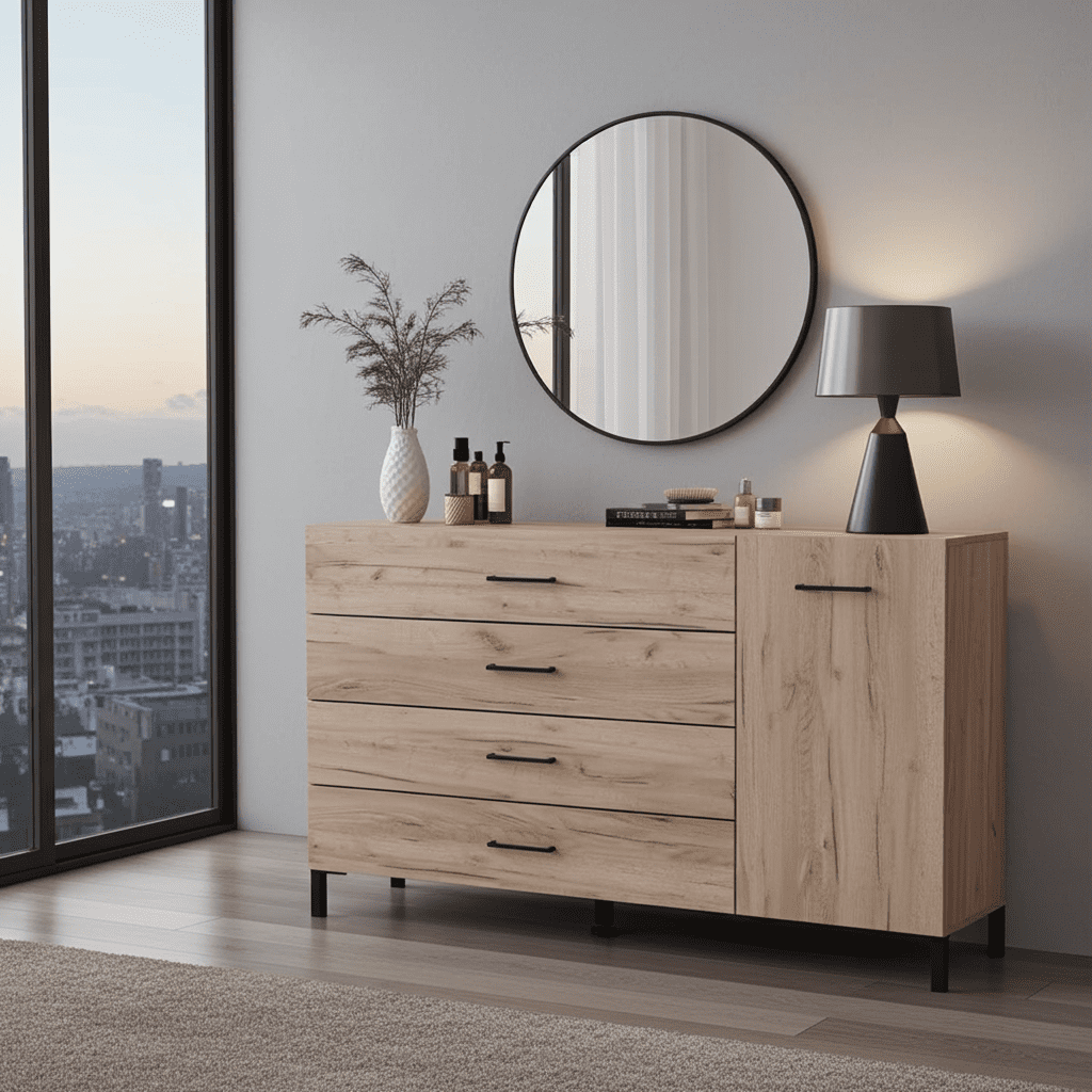 COSMO Oak Effect 1 Door 4 Drawer Sideboard Storage Unit