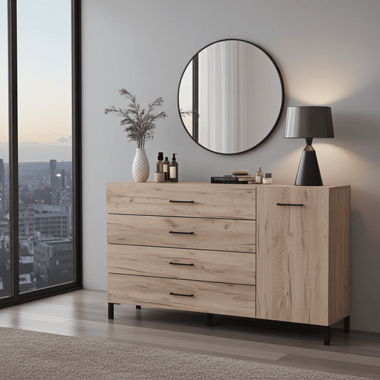 COSMO Oak Effect 1 Door 4 Drawer Sideboard Storage Unit