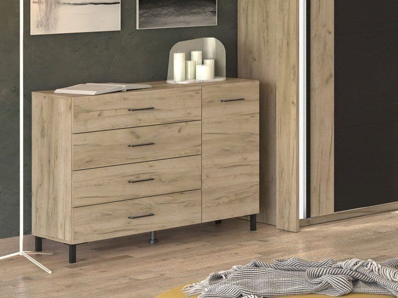 COSMO Oak Effect 1 Door 4 Drawer Sideboard Storage Unit