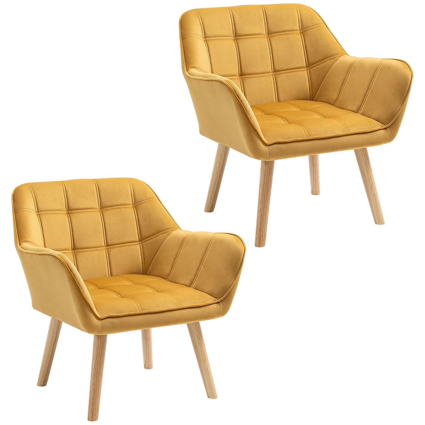 Accent Armchairs Set of 2 (Pair) (HOMCOM) Cushioned Vanity Chair with Wide Arms - Yellow