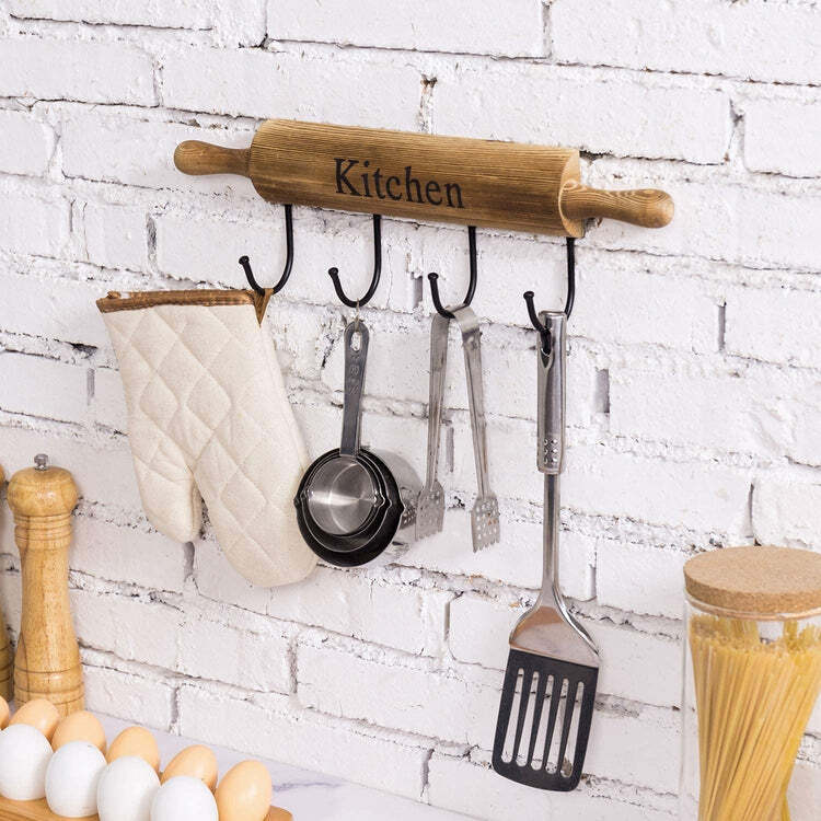 Kitchen Wall Hooks, 4 Hooks with a Rolling Pin Design