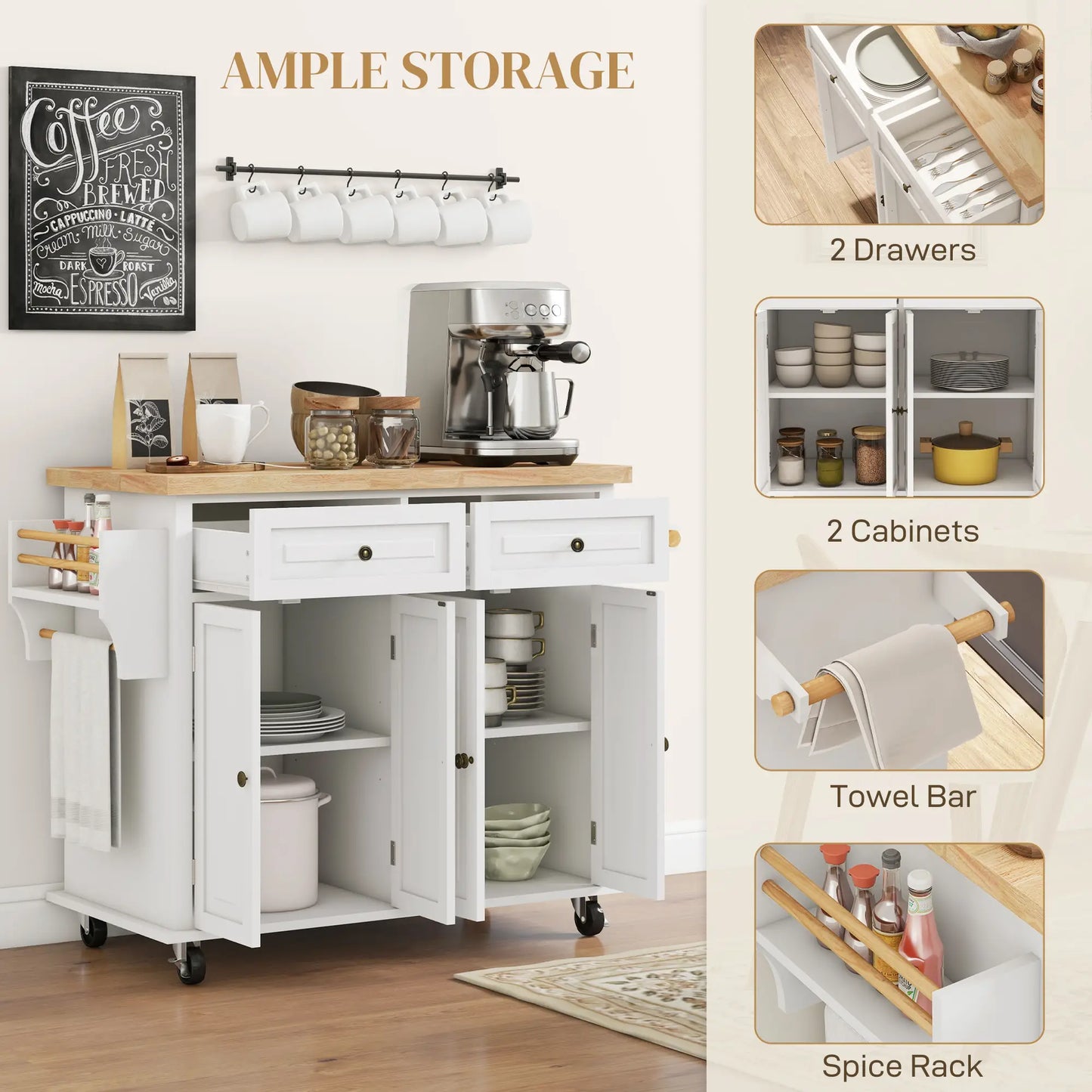 Kitchen Island Storage Rolling Trolley with Rubber Wood Top & Drawers in Cream White