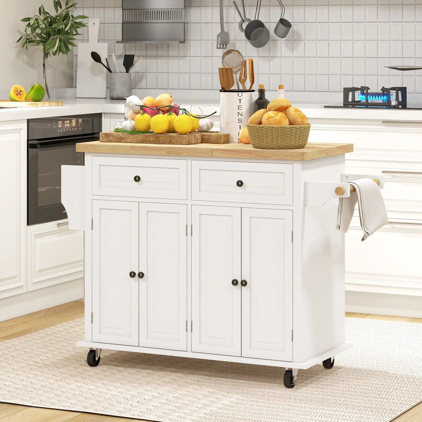 Kitchen Island Storage Rolling Trolley with Rubber Wood Top & Drawers in Cream White