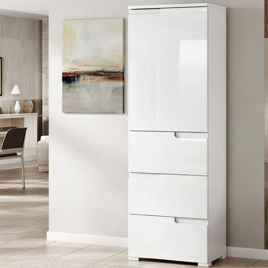 Santino White High Gloss Slim Tallboy Storage Unit with Cupboard and Drawers
