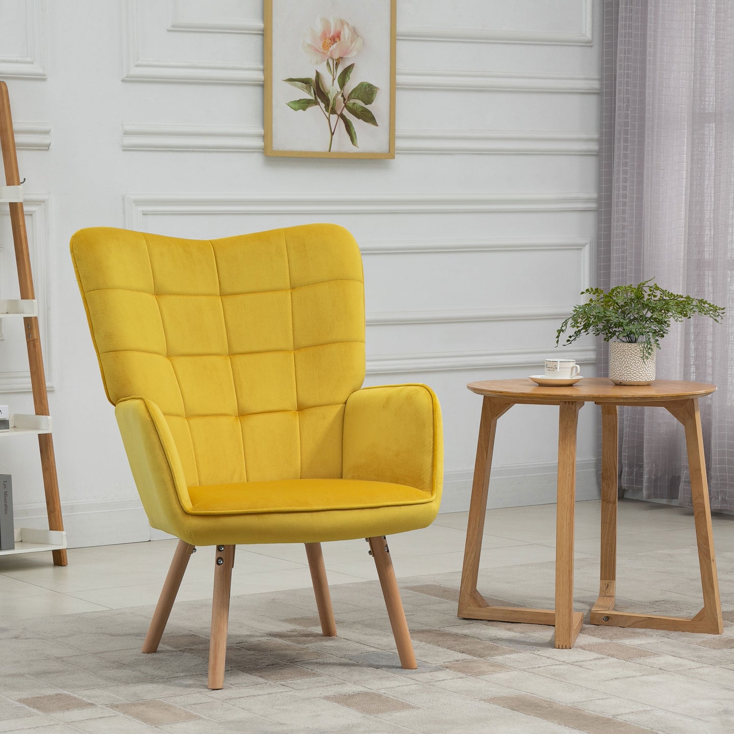 Accent Modern Armchair (HOMCOM) Cushioned Upholstered Velvet Tufted Wingback Leisure Armchair in Yellow