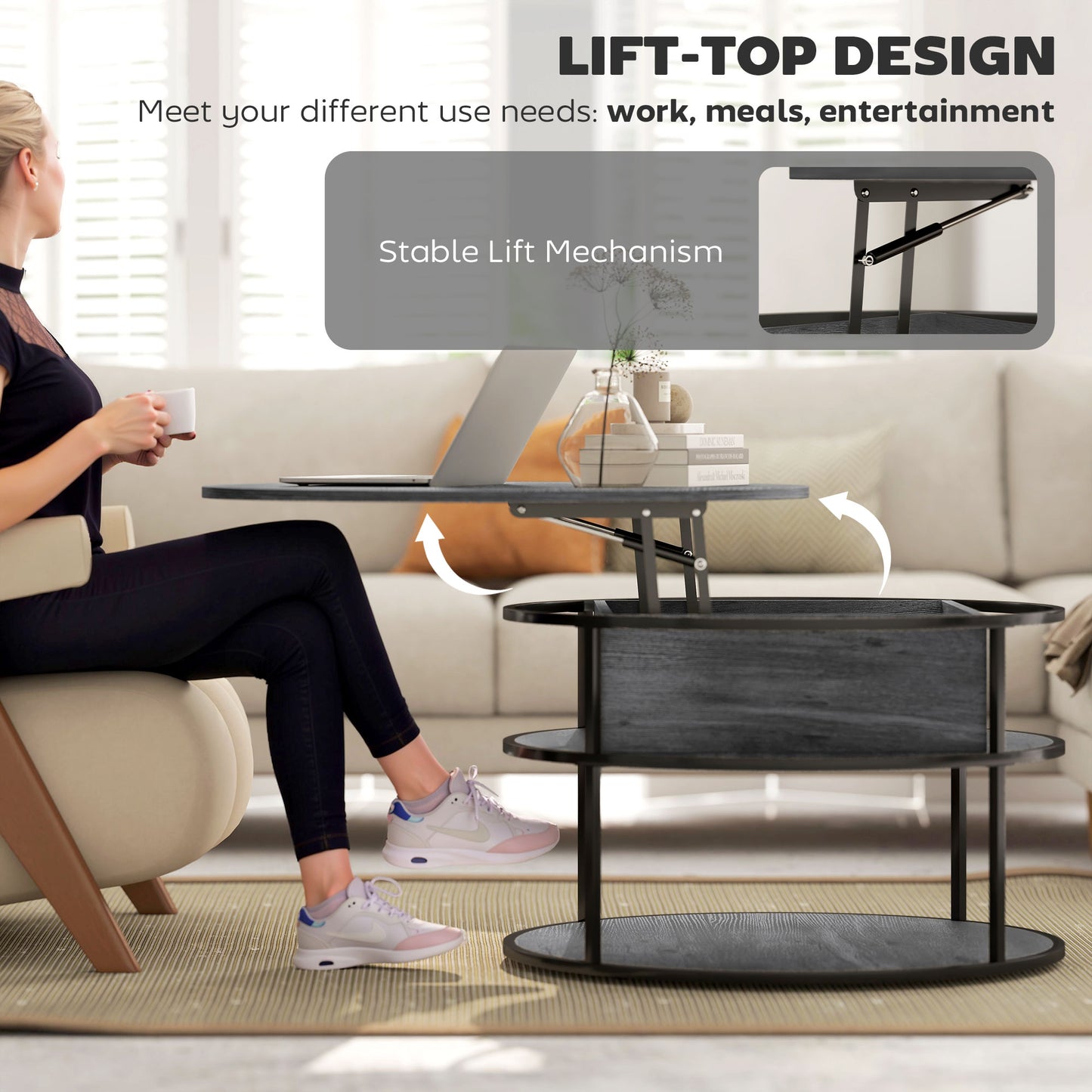 Round Coffee Table with Lift Top and Storage Shelf and Hidden Compartment