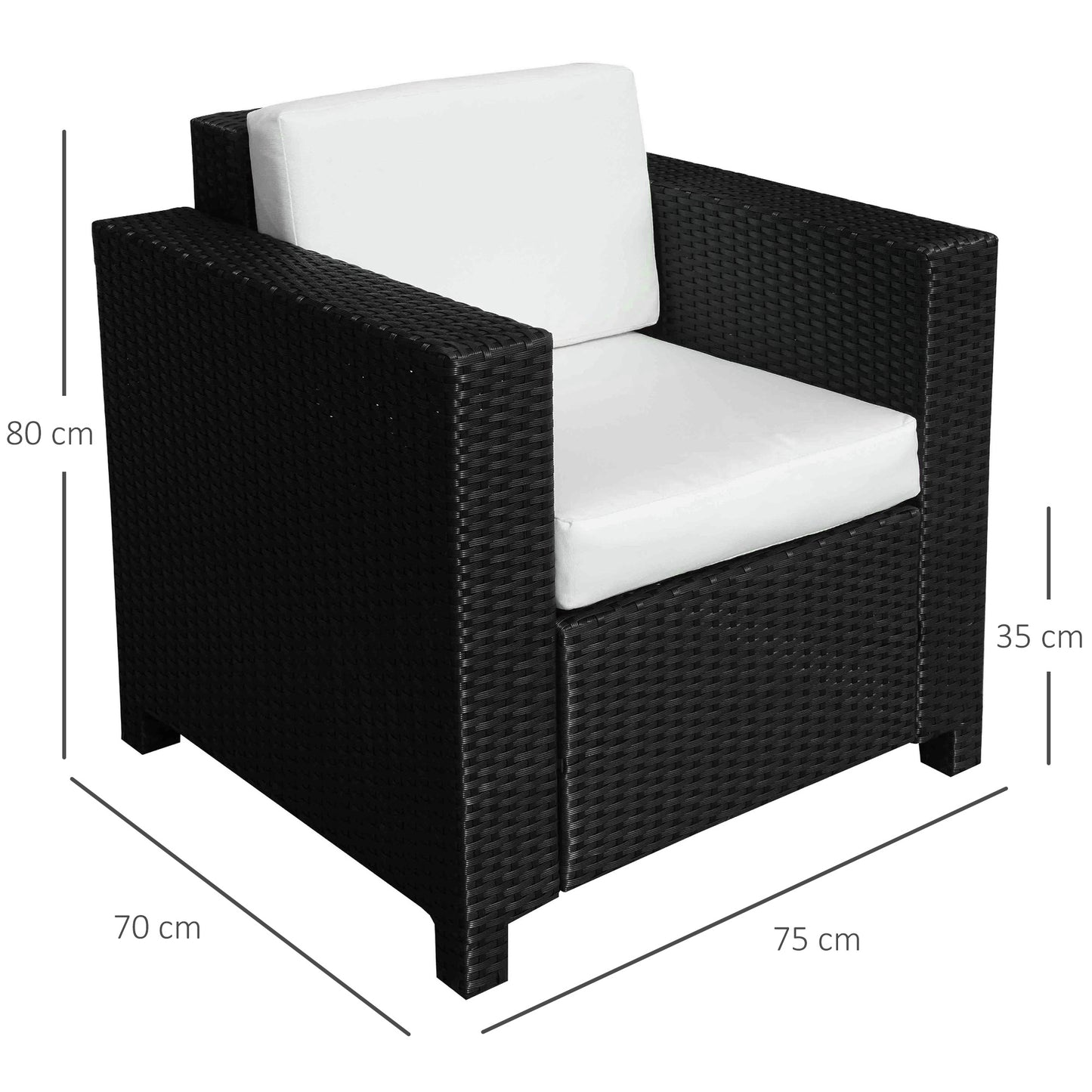 Single Seater Rattan Chair Sofa with 10 cm Thick Padded Cushion - Black