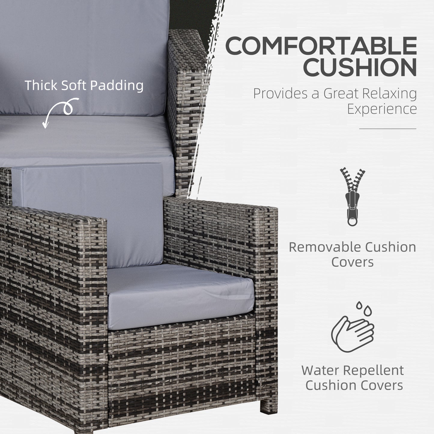 Rattan Garden Armchair 10cm Cushion Outdoor Single Chair with Steel Frame - Grey