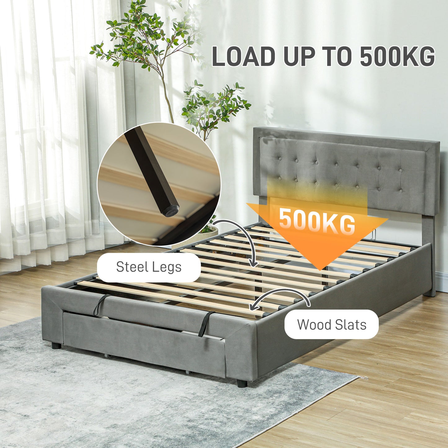 HOMCOM Double Ottoman Bed Frame with Front Drawer in Grey