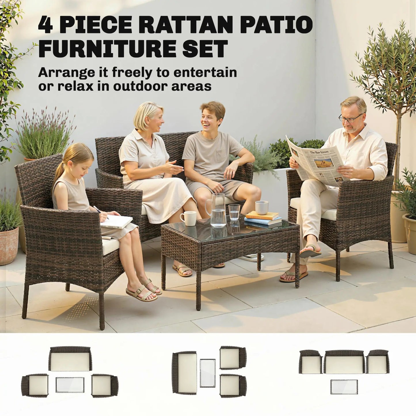 4 Piece Rattan Garden Furniture Sofa Set in Brown