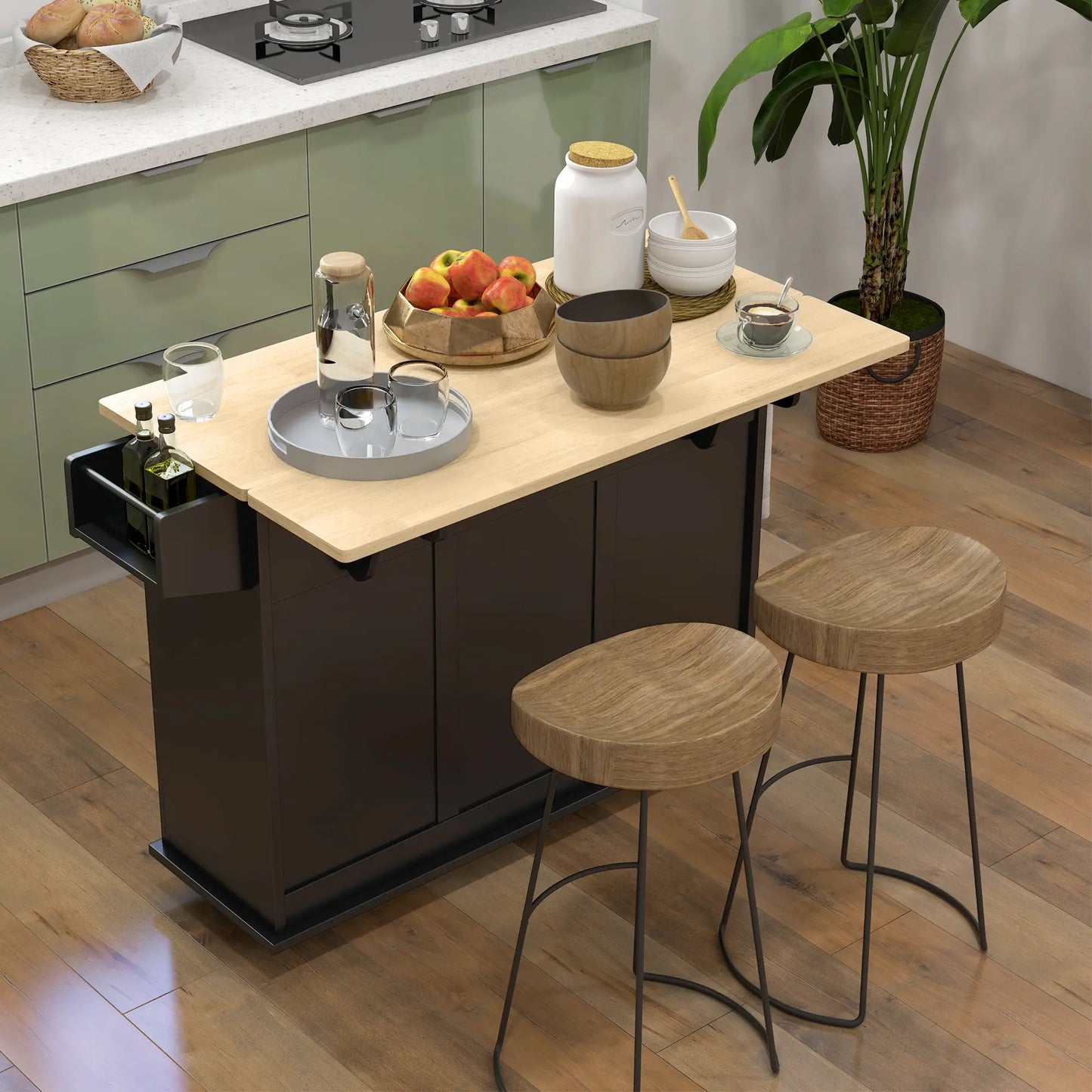 Kitchen Island with Drop Leaf + Storage - Trolley on Wheels with 3 Drawers in Black