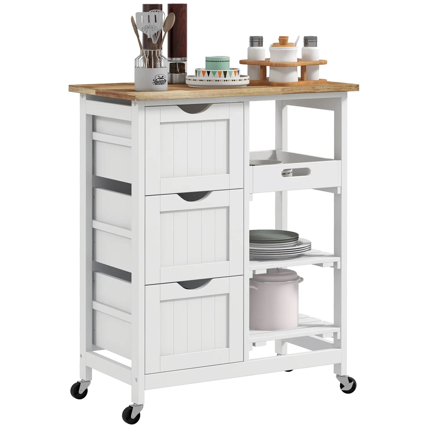 HOMCOM White Kitchen Island Cart with Drawers, Shelves & Wooden Top – Rolling Storage Trolley