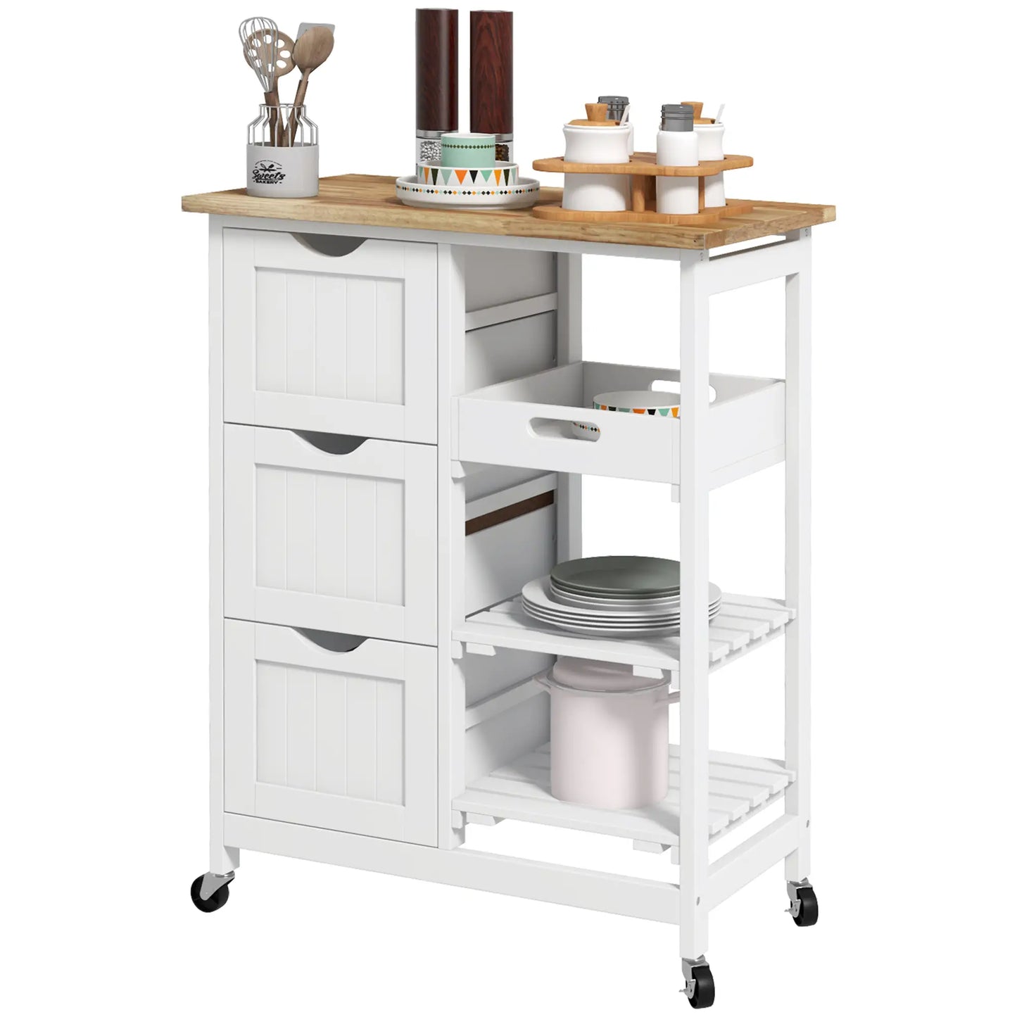 HOMCOM White Kitchen Island Cart with Drawers, Shelves & Wooden Top – Rolling Storage Trolley