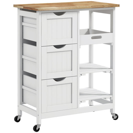 HOMCOM White Kitchen Island Cart with Drawers, Shelves & Wooden Top – Rolling Storage Trolley