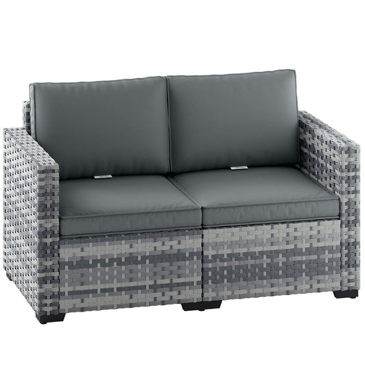 Outsunny 2 Seater Rattan Garden Sofa with Cushions – Patio Balcony Outdoor Seating Grey