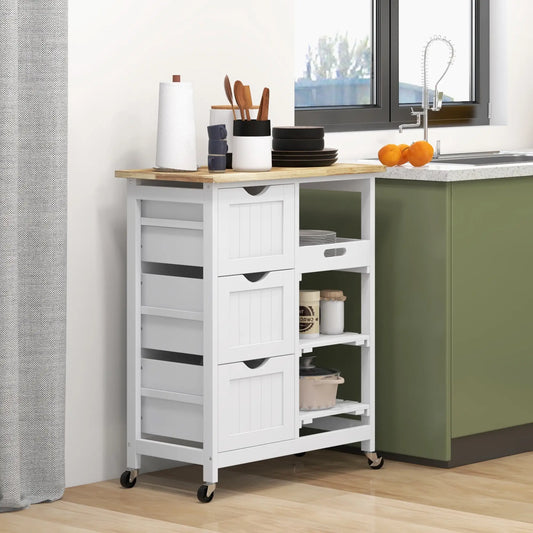 HOMCOM White Kitchen Island Cart with Drawers, Shelves & Wooden Top – Rolling Storage Trolley